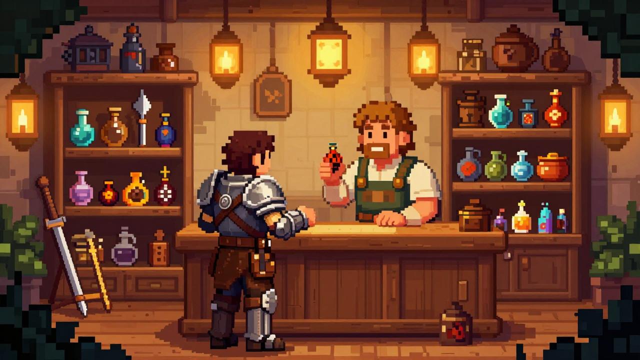 Pixel-art adventurer and storekeeper trading potion.