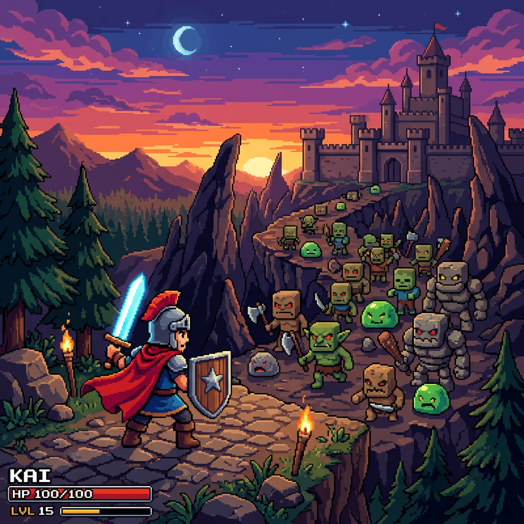 Pixel art scene with knight holding sword and shield facing various monsters on a mountain path with a castle and sunset in background