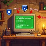 A 16-bit pixel art illustration of a stone tower room where a programmer works at a wooden desk. A glowing monitor displays green code with a success checkmark. Tiny pixel shields labeled "Tests," "Security," and "Style" float in the air, deflecting red "Bug" arrows. Warm candlelight casts golden glows on bookshelves filled with potions and manuals. A small slime wearing a developer hat hides behind books. The scene uses rich earth tones, saturated greens, and cozy lighting to evoke a magical, productive workspace.