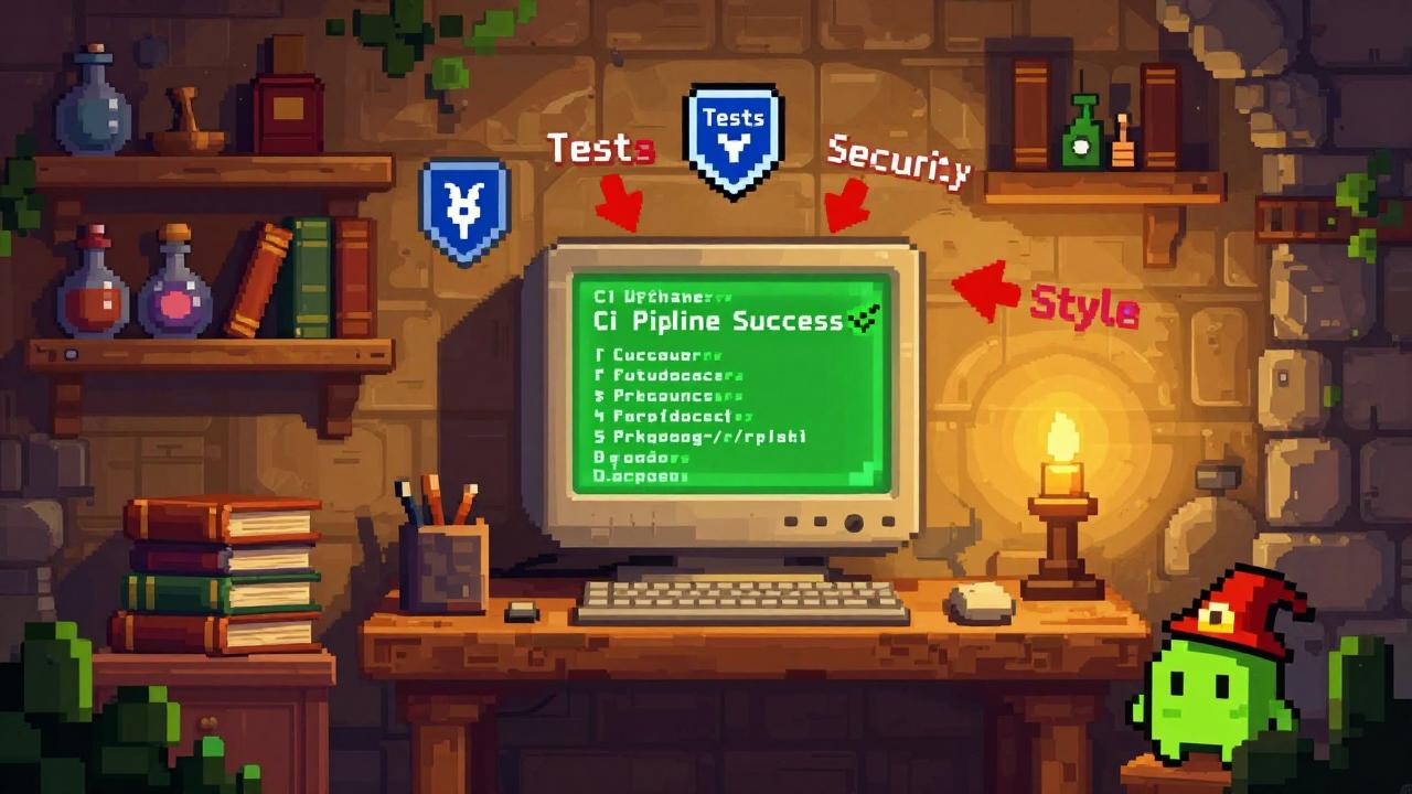 A 16-bit pixel art illustration of a stone tower room where a programmer works at a wooden desk. A glowing monitor displays green code with a success checkmark. Tiny pixel shields labeled "Tests," "Security," and "Style" float in the air, deflecting red "Bug" arrows. Warm candlelight casts golden glows on bookshelves filled with potions and manuals. A small slime wearing a developer hat hides behind books. The scene uses rich earth tones, saturated greens, and cozy lighting to evoke a magical, productive workspace.