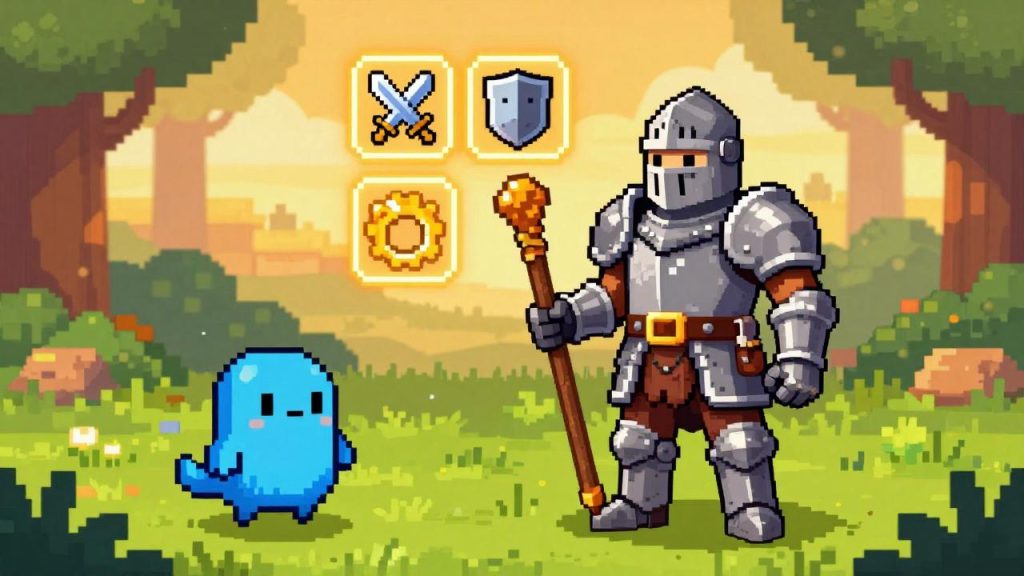 A 16-bit pixel art scene featuring a knight character holding a wooden stick in a sunny grassy field. A small blue slime enemy hops nearby on the left. Three glowing gear icons—a sword, chest plate, and ring—float above the knight, representing weapon, armor, and accessory slots. Warm golden sunlight streams through background trees, casting soft shadows. The image uses saturated retro colors with a cozy, adventurous mood typical of classic RPGs.