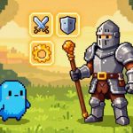 A 16-bit pixel art scene featuring a knight character holding a wooden stick in a sunny grassy field. A small blue slime enemy hops nearby on the left. Three glowing gear icons—a sword, chest plate, and ring—float above the knight, representing weapon, armor, and accessory slots. Warm golden sunlight streams through background trees, casting soft shadows. The image uses saturated retro colors with a cozy, adventurous mood typical of classic RPGs.
